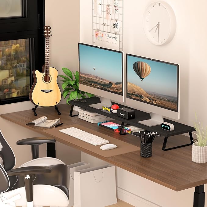 Aothia Large Dual Monitor Stand Riser - Monitor Stand For 2 Monitors, Monitor Stand With Drawer,Desk Shelf For Monitor, Wood Monitor Riser Stand with Storage Organize For Pc,Tv,Laptop,Screen (Black)