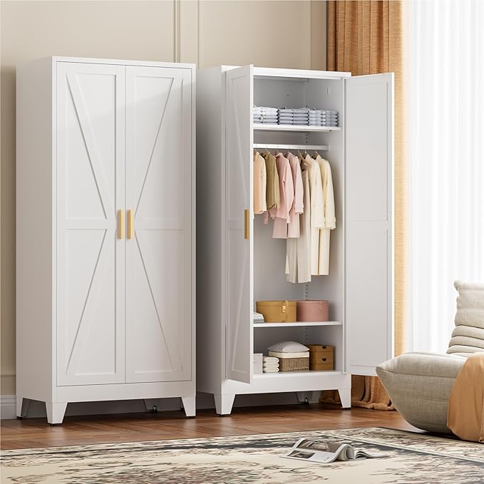 71" Tall Metal Wardrobe Closet with Adjustable Shelves and Hanging Rod, 2 Doors Free Standing Armoire Wardrobe Cabinet for Bedroom, Office, Laundry Room, White