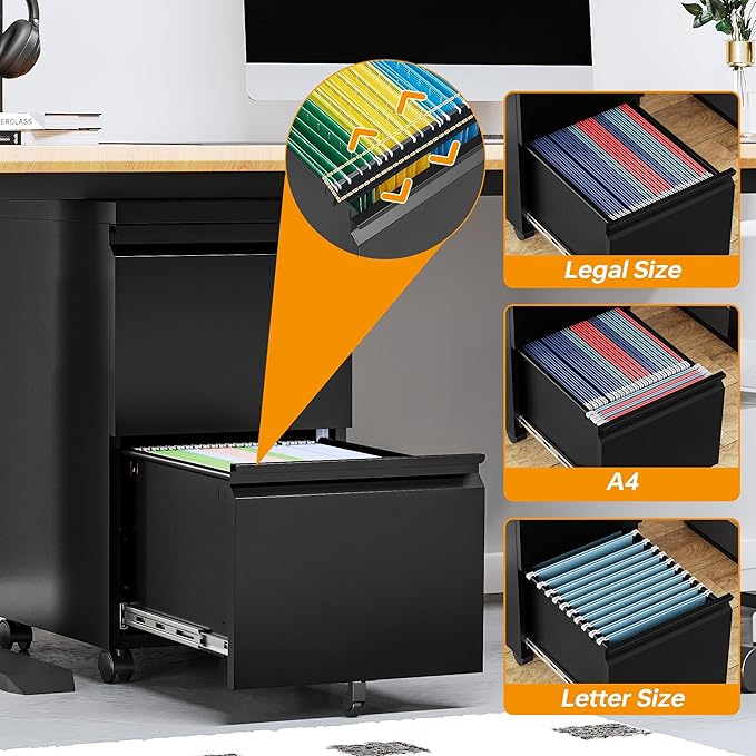 2 Drawer File Cabinet On Wheels Mobile Cabinet with Lock Under Desk Metal Filing Cabinet On Rollers Small Rolling File Cabinet Black Printer Stand for Home Office Fully Assembled
