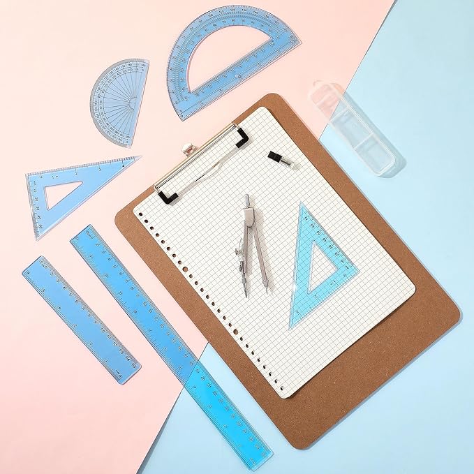 Zonon 1 Set Plastic Geometry Math Set Includes Drawing Compass, 6 Inch 4 Inch Protractor, 45/60 Degree Triangle Rulers 12 Inch 6 Inch Math Ruler Transparent for Office Supplies(Blue)