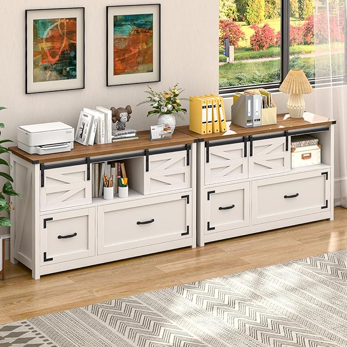 Lateral File Cabinets 2 Drawer with Sliding Barn Doors, Farmhouse Filing Cabinet with 2 Drawer for Home OfficeïŒFiling Organization Storage Cabinets for Hanging Files Letter/Legal/F4/A4.(Brown.)