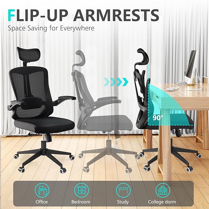 Comfy Office Chair, Home Ergonomic Desk Chairs, High Back Gaming Mesh Computer Chair with Wheels, Lumbar Support, Adjustable Headrest, Flip-up Armrest 350LBS Capacity
