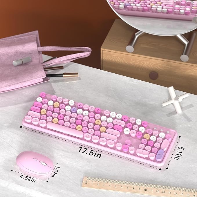 Colorful Wireless Computer Keyboard and Mouse Combo with Round Typewriter Keycaps, Retro Design, Power Switch, Ergonomic Design, 2.4GHz Wireless for Windows, Mac, PC(Pink-Colorful)