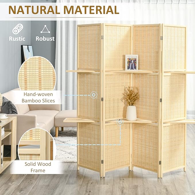 NicBex Room Divider 4 Panel Room Dividers with Storage Shelves Partition Room Dividers and Folding Privacy Screens 6 FT Wall Divider for Office, Room Separation,70.75" W x 0.75" D x 70.75" H, Natural