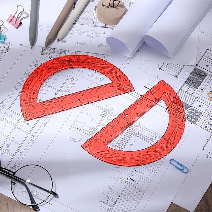 Zonon 2 Pcs 6 Inch Plastic Protractor Math Protractors 180 Degrees Angle Measurement, Translucent for Geometry Classroom Kid Student School Office Supplies(Red)