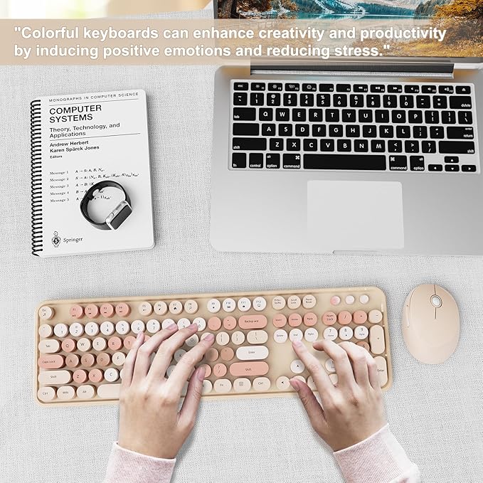 Wireless Keyboard and Mouse Combo, Ergonomic Full Size Typewriter Retro Round Keycaps Keyboard, Compatible with Windows, PC, Perfer for Home and Office Keyboards (Chocolate Color)