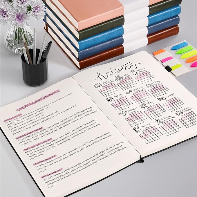 College Ruled Notebook, Large B5 Lined Journal Notebook, 314 Numbered Pages Work Notebook with Index Stickers, 100gsm Thick Paper, Hardcover Vegan Leather Journal for Women Men School Office, Black