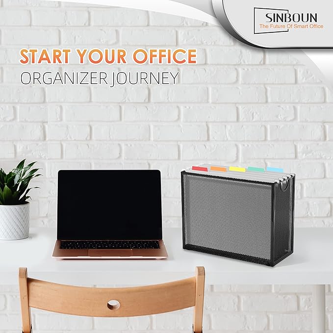 Sinboun Hanging File Organizer Letter-Size File Holder Filing Box Includes 5 Hanging Folders - Metal Mesh Magazine Letter Storage Cabinets File Cart for Office Home School, No Assembly Required