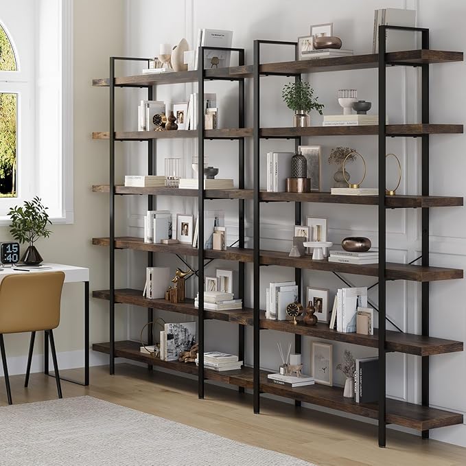 Heavy Duty 6-Tier Industrial Bookcase, 47" Wide Wood Bookshelf for Home Office, 120lbs Shelf Capacity, Rustic Open Shelving Display with Reinforced Horizontal Shelf for Living Room Bedroom