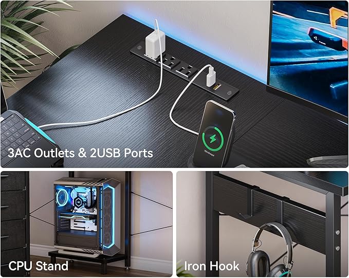 Casaottima L Shaped Desk with 4 Tier Drawers, 53" Gaming Desk with Power Outlets & USB, Reversible L-Shaped Computer Desk with CPU Stand, Home Office Corner Desk with Storage, Easy Assemble, Black