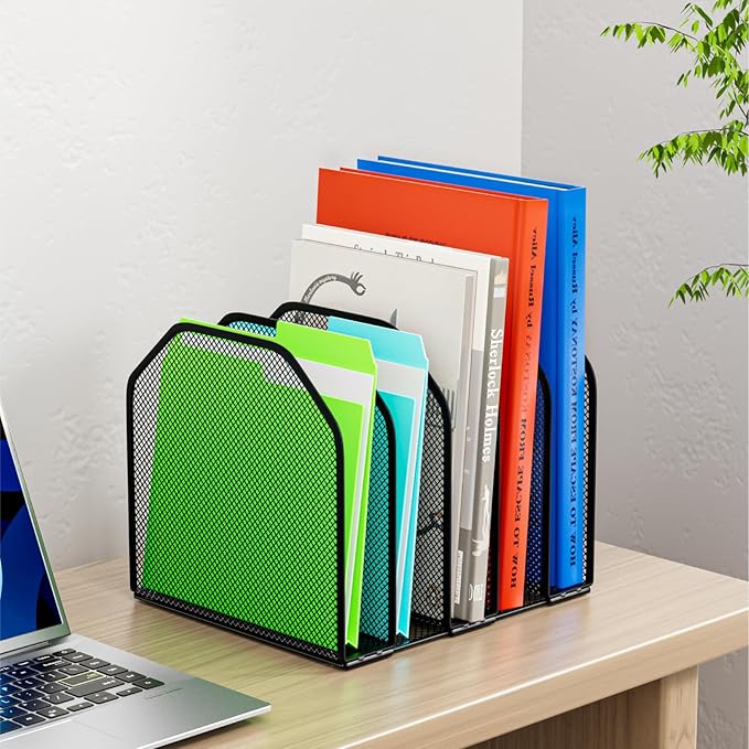 Desk File Organizer, Adjustable 5 Sections Upright Desktop Organizer File Sorter, Sturdy Metal Mesh Vertical Bookshelf File Holder Workspace Accessories for Home,School,Office Classroom,Black