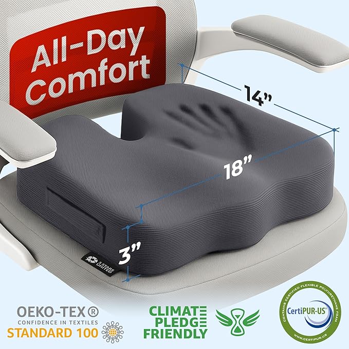 5 STARS UNITED Seat Cushion for Tailbone Pain Relief ā Memory Foam Lifting Pillow for Coccyx, Hip, Hemorrhoid, Sciatica & Post-Surgery Recovery ā Wheelchair, Car, Desk, Gaming & Office Chairs, D Gray
