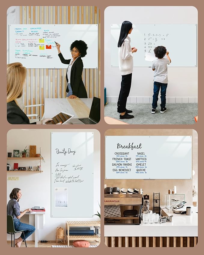Magnetic Glass Whiteboard,96"x48" Wall Mounted Frameless Dry Erase Board for Office, Home & School White