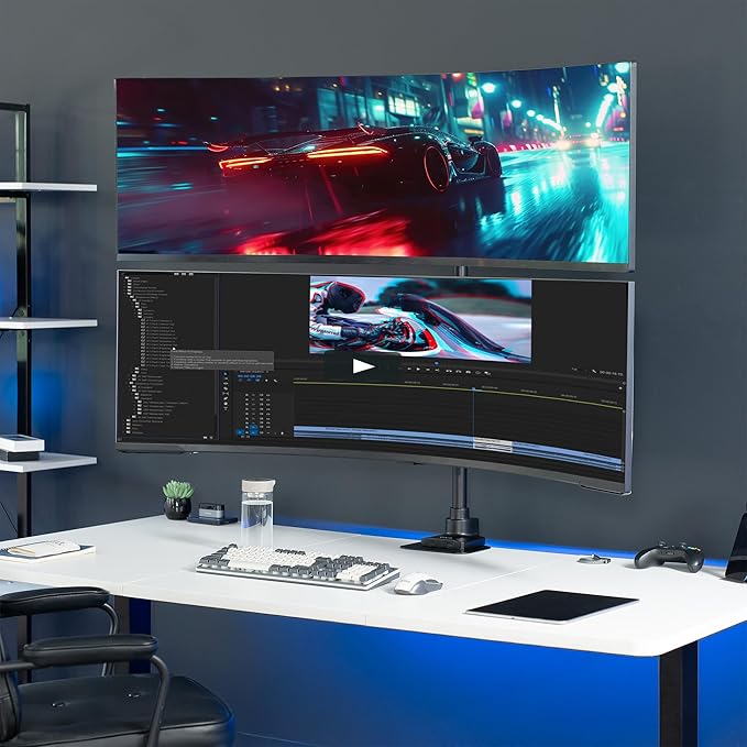 VIVO Dual Vertically Stacked Ultra-Wide Monitor Desk Mount for up to 57 inch Screens, Heavy Duty Adjustable Stand for 2 Ultrawides, 59.4 lbs Capacity, Black, STAND-V257R