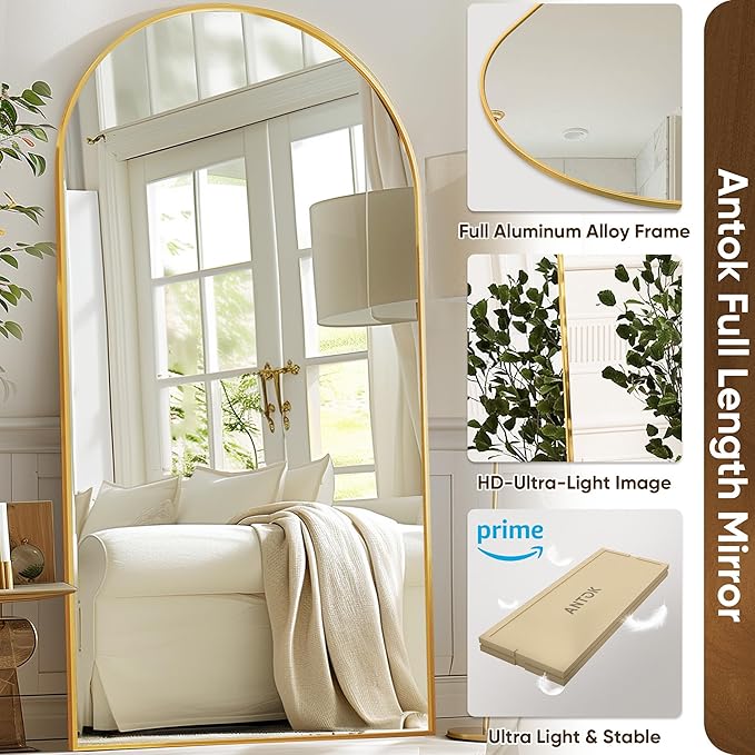 Antok Full Length Mirror, 81"x41" Oversized Floor Mirror Freestanding, Full Body Floor Standing Mirror with Stand, Hanging Mounted for Living Room Cloakroom,Gold,Arched Style