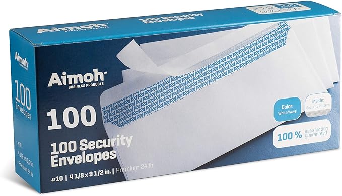 Aimoh #10 Security Self Seal Envelopes – 100 Qty |No Window, EnveGuard, 4⅛ x 9½", White, 24 LB, 100 Count (34100)