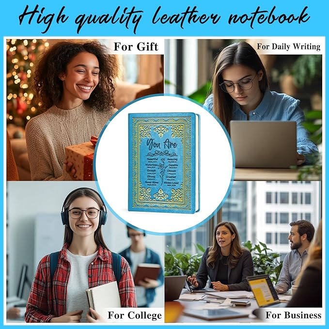 Light Blue A5 Lined Leather Journal Notebook,Inspirational Christian Gifts Hardcover Executive Notebooks for Men Women,200 Pages 100 Gsm Thick Ruled Paper Daily Diary for School,Family ,Friends,Work (You Beautiful Light Blue)