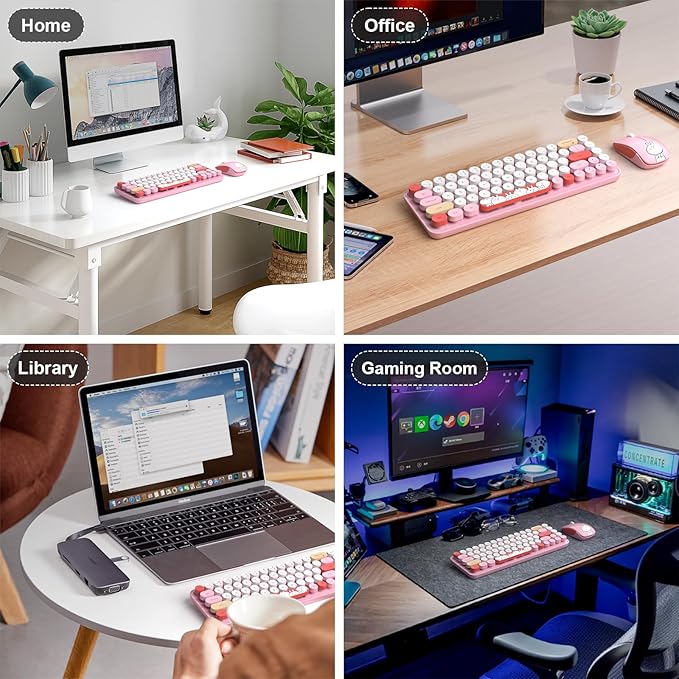 FOPETT Wireless Keyboard and Mouse Cute Mouse and Keyboard 2.4G Wireless Keyboards with Colorful 68 Keys Typewriter Retro Round Keycap for PC, Laptop,Tablet,Computer Windows - Pink Colorful
