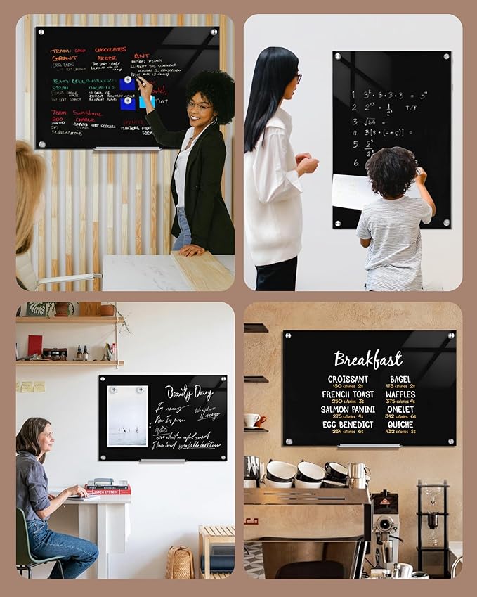 Magnetic Glass Whiteboard,36"x24" Wall Mounted Frameless Dry Erase Board for Office, Home & School Black