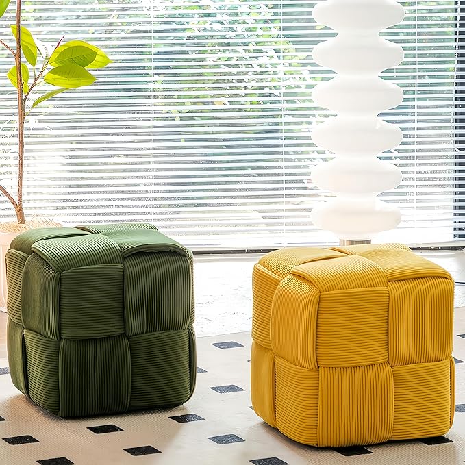 Ottoman Foot Rest Soft and Comfortable Ottoman Square Corduroy Woven Design Sofa Stool (Yellow)