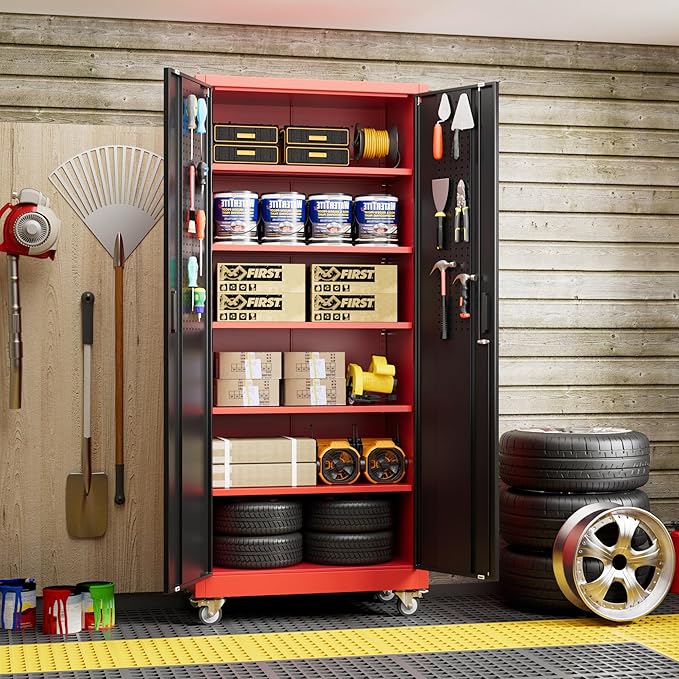 Aobabo Upgraded Garage Storage Cabinets with Wheels,Metal Storage Cabinets with 5 Adjustable Shelves for Garage Home Office Storage, Red-Black,71''H*32''W*16''D,Assembly Required