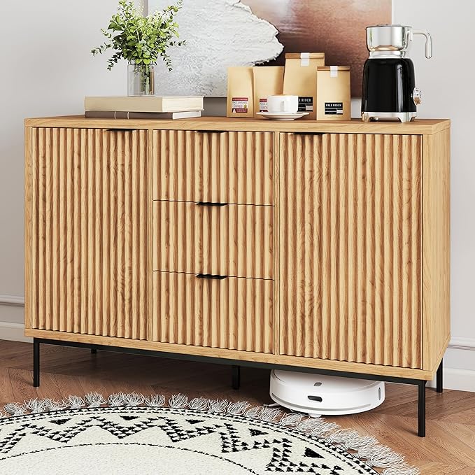 Real Relax Fluted Sideboard Cabinet, Sideboard Buffet Cabinet with Storage, Modern Credenza 2 Doors 3 Drawers, Coffee Bar Buffet Table for Dining Room, Kitchen, and Living Room, Oak