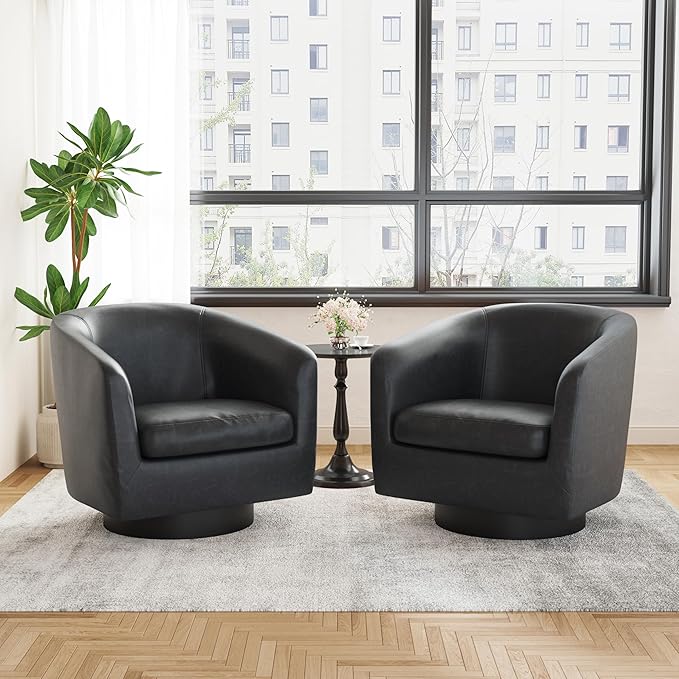 UIXE Faux Leather Swivel Accent Chairs Set of 2, Modern Upholstered Barrel Chairs for Living Room, Comfy Round Armchair Single Sofa Bedroom Reading Seat - 31" W, Black