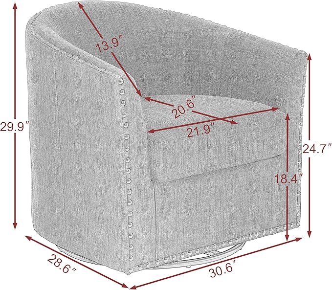 UIXE 360° Swivel Barrel Accent Chair, Modern Upholstered Arm Chair Round Club Armchair, Nailhead Trim Single Sofa Seating in Fabric for Living Room - Gray