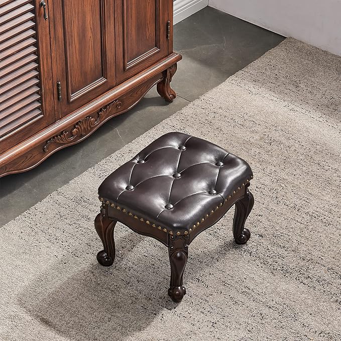 Foot Stool Ottoman Foot Rest Microfiber Leather Upholstered Footstool for Sofa, Living Room, Entryway, Solid Wood Stool (Dark Brown)