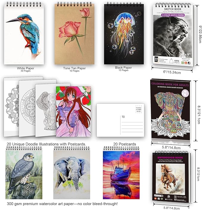 HIFORNY 136 PCS Drawing & Sketching Set,Pro Art Supplies with Graphite,Charcoal,Colored,Watercolor,Metallic Pencils,Blending Tools,Sketchbook,Watercolor Book and Coloring Book in Zipper Case (Black)