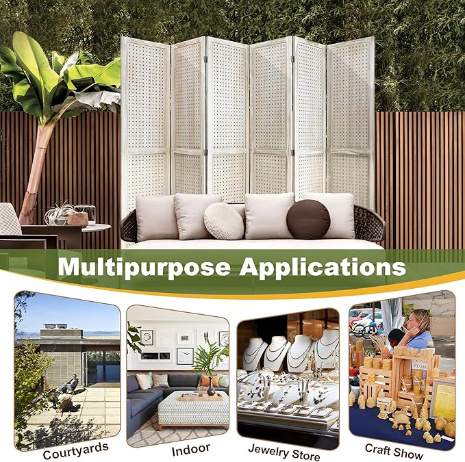 NicBex Room Divider 6 Panel Pegboard Display 5.6FT Wood PegBoard Room Dividers, Folding Privacy Screens Portable Display Board Wall Divider for Craft/Art Shows, Room Separation, Natural Wood