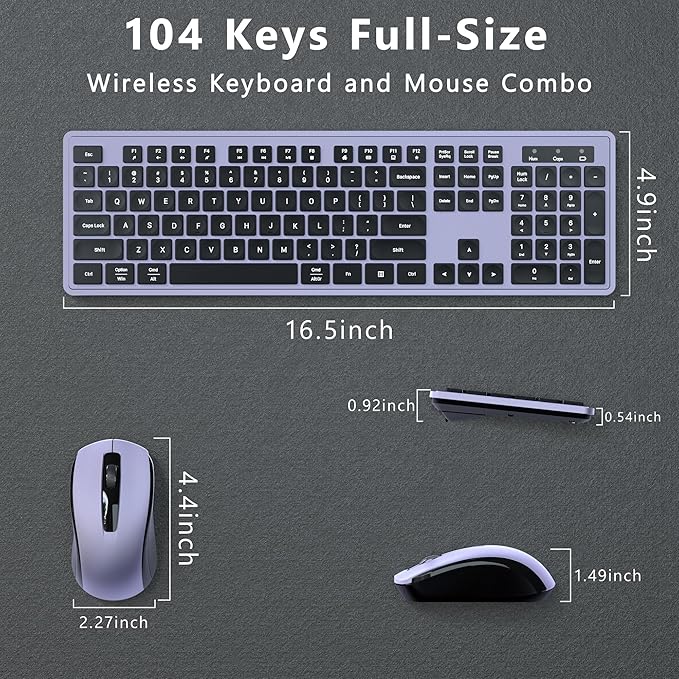 Wireless Keyboard and Mouse Combo, COVEVA 2.4GHz Wireless Keyboard Mouse with USB Receiver, Water-Dropping Keycaps, 104 Keys Full Size with Number Pad for PC Laptop Computer Desktop(Black Purple)