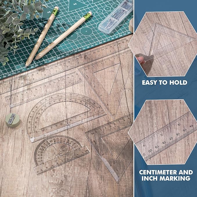 Tenare 6 Pcs Plastic Ruler Math Set Includes 12 Inch 6 Inch Straight Protractor Triangle Geometry Transparent Math Ruler Measuring Tools for School Office Home(Clear)