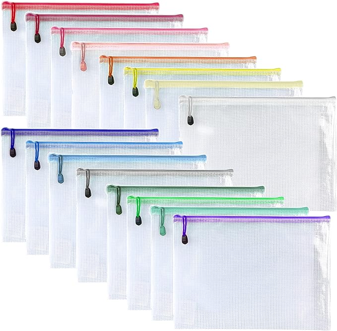 Oaimyy-16Pcs, 7" x 11" inches Mesh Zipper Pouch, Plastic Zip File Folders Puzzle Bags for Organizing,for Office Supplies,Travel,Home Storage-Multicolor