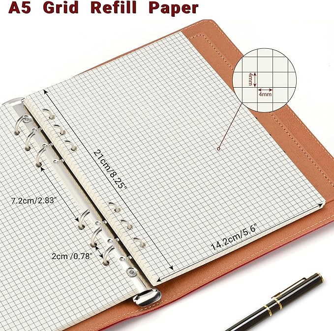 A5 Grid-Ruled Refill Paper, 100gsm Thick Beige No-Bleed Sheets (2 Packs, 80 Sheets Each), Pre-Punched – Fits A5 6-Ring Binders for Office, School & Teachers