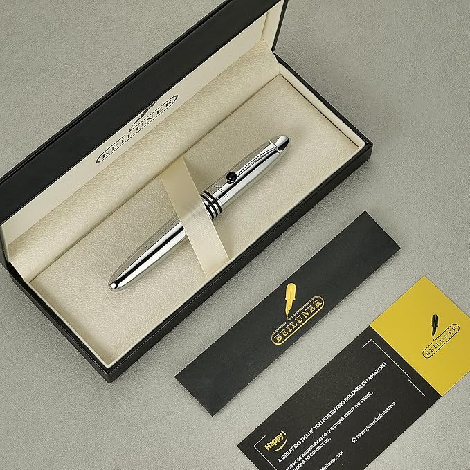 BEILUNER 320 Silver Chrome Rollerball - Stunning Luxury Pen with Chrome Finish, EDC, Heavy, Schmidt Black Ink Refill, Best Gift Set for Men & Women, Professional, Executive Office, Nice Classic Pens