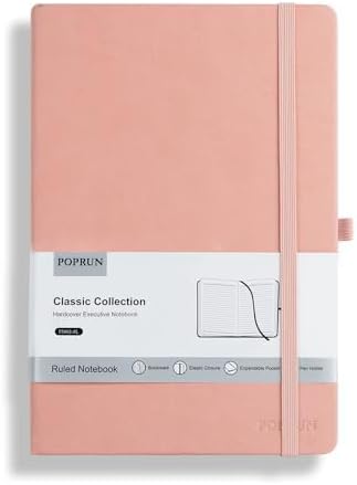 POPRUN A5 Lined Journal Notebooks, Leather Hardcover Thick Notebook for Writing, Business Work, Travel, School, College, Christmas, 5.5 x 8.3 inch, 240 Pages Classic Ruled Journals Notepad, Pink