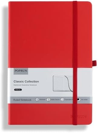 POPRUN A5 Lined Journal Notebooks, Leather Hardcover Thick Notebook for Writing, Business Work, Travel, School, College, Christmas, 5.5 x 8.3 inch, 240 Pages Classic Ruled Journals Notepad, Red