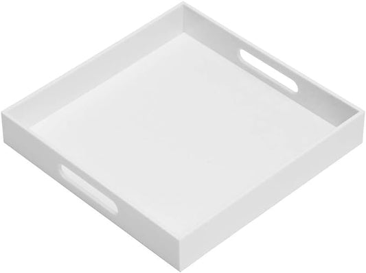 Glossy White Sturdy Acrylic Serving Tray with Handles-14x14Inch-Serving Coffee,Appetizer,Breakfast,Butler-Kitchen Countertop Tray-Makeup Drawer Organizer-Vanity Table-Ottoman Tray