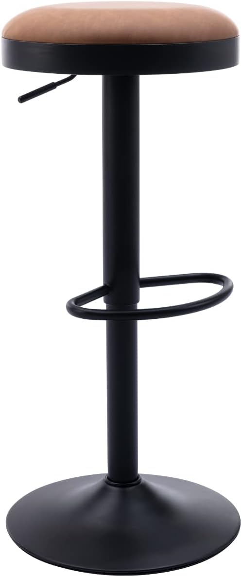 Round Swivel Counter Height Bar Stools Set of 1 Modern Adjustable Barstools Backless PU Leather Bar Chairs Industrial Island Chairs with Metal Base/Footrest for Kitchen Island/Pub/Bar, Brown