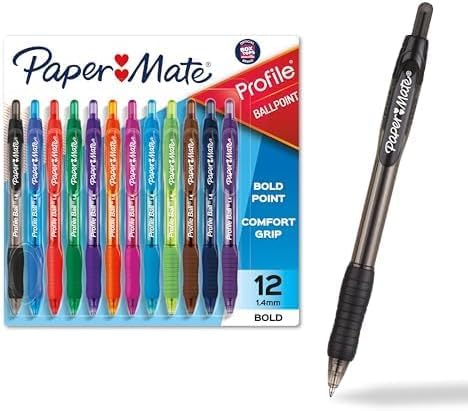 Paper Mate Profile Retractable Ballpoint Pens, Assorted Colors, Bold | 1.4mm Point | Soft Grip | Vivid Ink | 144 Count