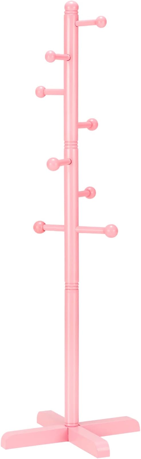 Kids Coat Rack, Freestanding Coat Racks with 8 Hooks 2 Adjustable Height, Tree Coat Rack for Bedroom, Hallway, Entrance, Office, Hats, Handbags,Purse (Pink)
