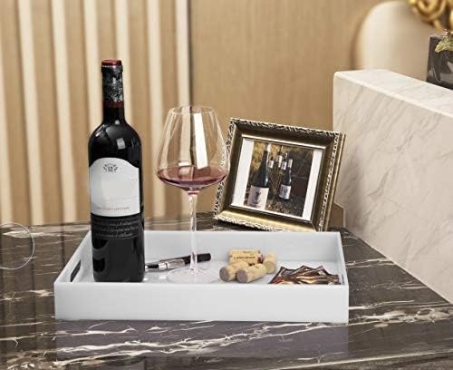 Glossy White Sturdy Acrylic Serving Tray with Handles-10x15Inch-Serving Coffee Appetizer Breakfast Butler-Kitchen Countertop-Makeup Drawer Organizer-Vanity Table Tray-Ottoman Tray