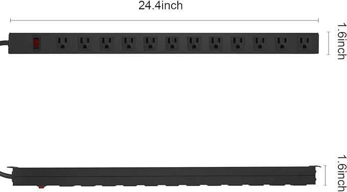 Metal Wall Mount Power Strip, Mountable Power Outlet with 12 AC Outlets, Aluminum Alloy Mount Power Socket with Switch, 3 FT SJT 3/C 14AWG Power Cord, 15A 125V 1875W (12AC)