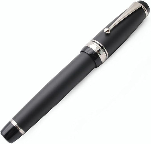 Metal Big Fountain Pen Set Medium Nib 0.7mm, Includes Ink Refill Converter, 5 Ink Cartridges & Gift Box (Medium Nib 0.7mm, Matte Black with Silvery Clip)