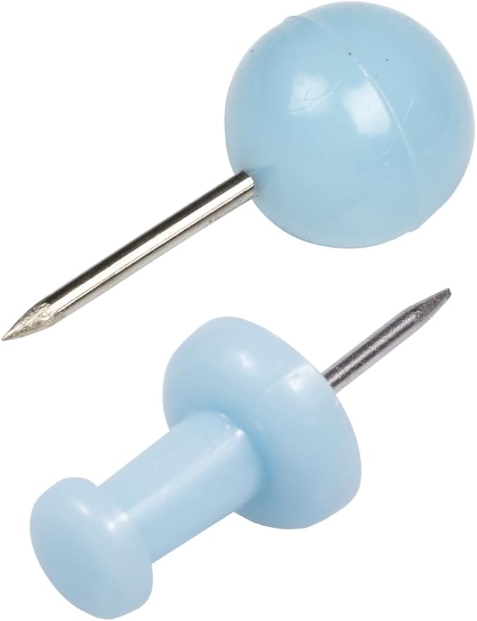 JAM PAPER Colorful Push Pins - Flat & Round Head Thumb Tack Combo Set - Baby Blue Pushpins - 200/Pack