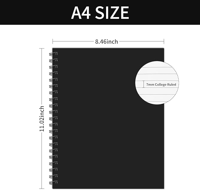 Lined Spiral Notebook A4 Large Black Journal 8.5" x 11"-4 Pack 7mm College Ruled Hardcover Notebooks 160 Pages 100GSM Thick Paper for Note Taking School Office Supplies