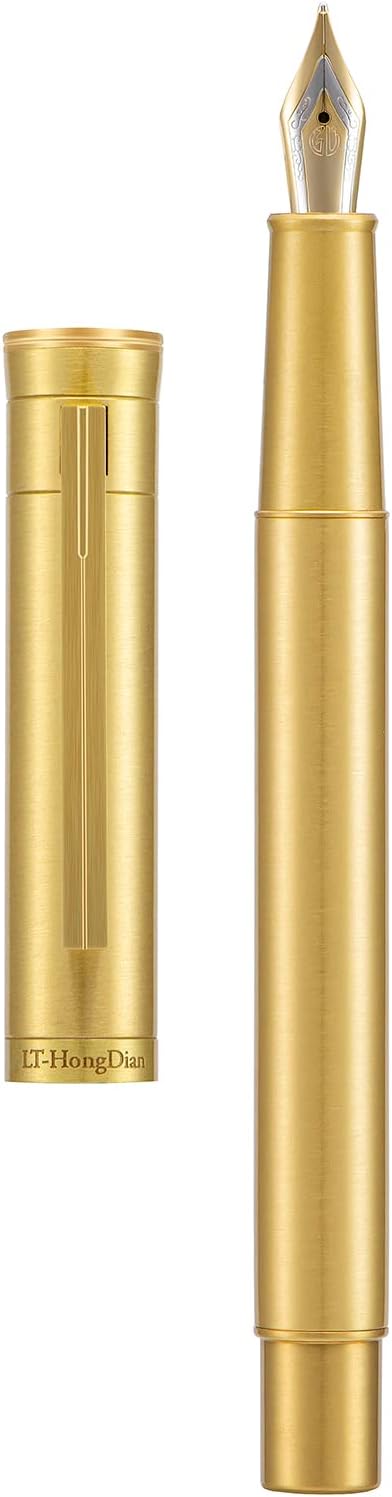 Hongdian 1861 Brass Fountain Pen Long Blade Nib, Classic Design Smooth Writing Pen with Converter and Metal Pen Case Set