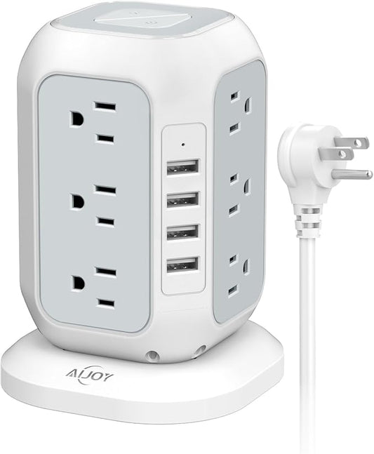 Power Strip Tower with USB Ports-AiJoy Surge Protector with 12 AC Outlet and 4 USB Ports, 10 Feet Extension Cord, USB Charging Station with Overload Protection, Office Desk Supplies, Dorm Essentials