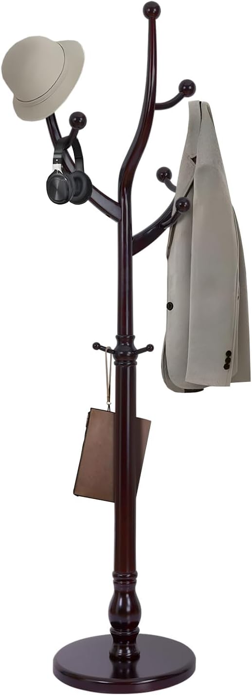 Coat Rack Tree Freestanding with Hooks, Heavy Duty Standing Wood Coat Rack with Solid Round Base, 74” Tree Shaped Coat Hanger Stand for Clothes, Hat, Jacket, Entryway Bedroom, Red Brown